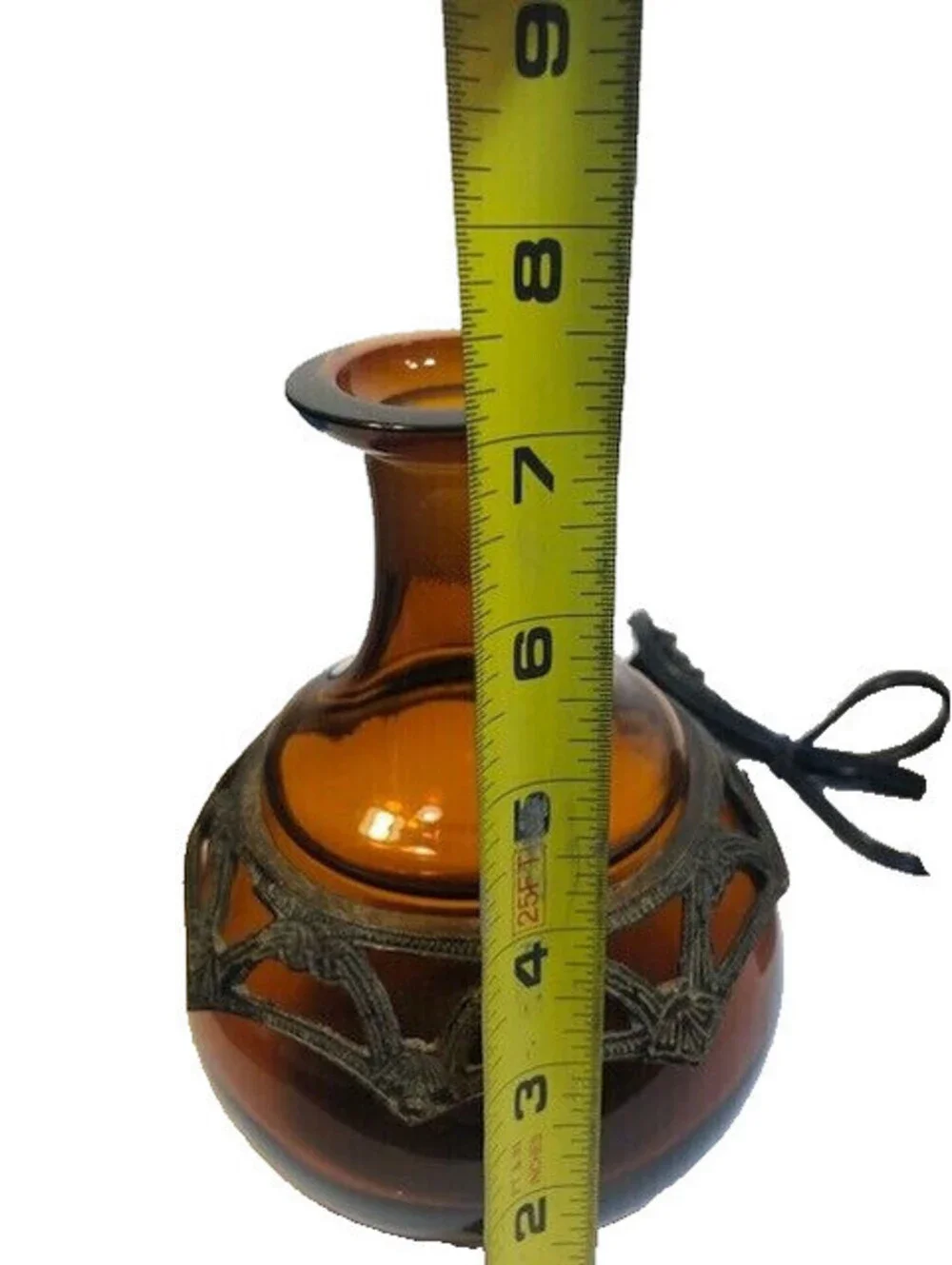 Amber Colored Vase Skinny Neck Round Bottom w Iron Accent Ring 7